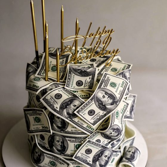 Торт с пищевой печатью купюр и топпером Happy Birthday